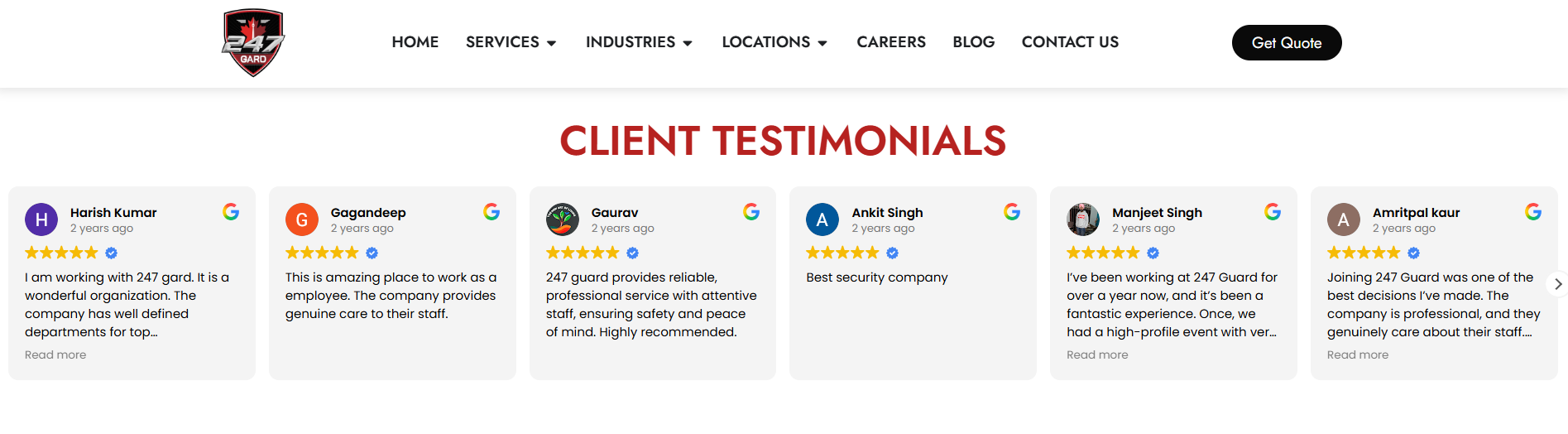 247 Gard Google rating and customer reviews for security services.
