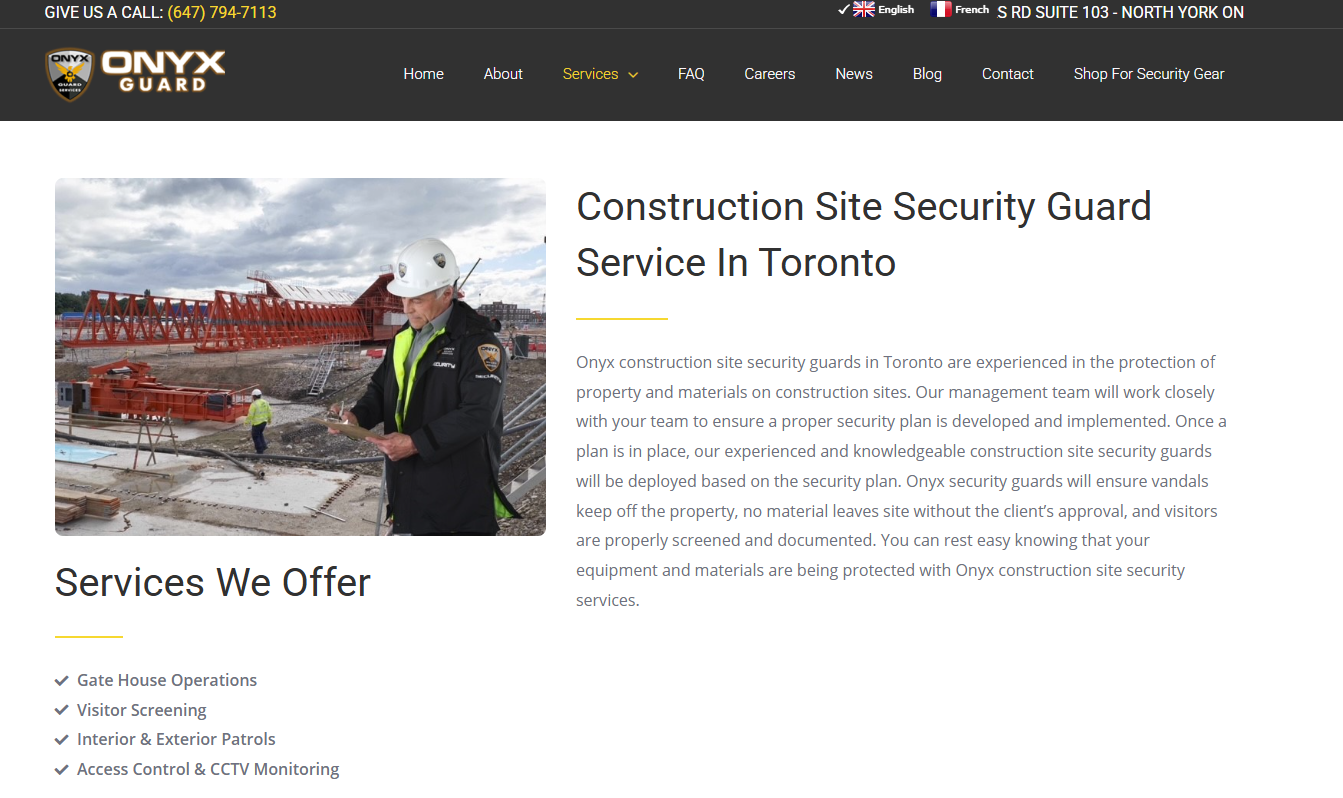 ONYX Guard construction security services in Toronto.